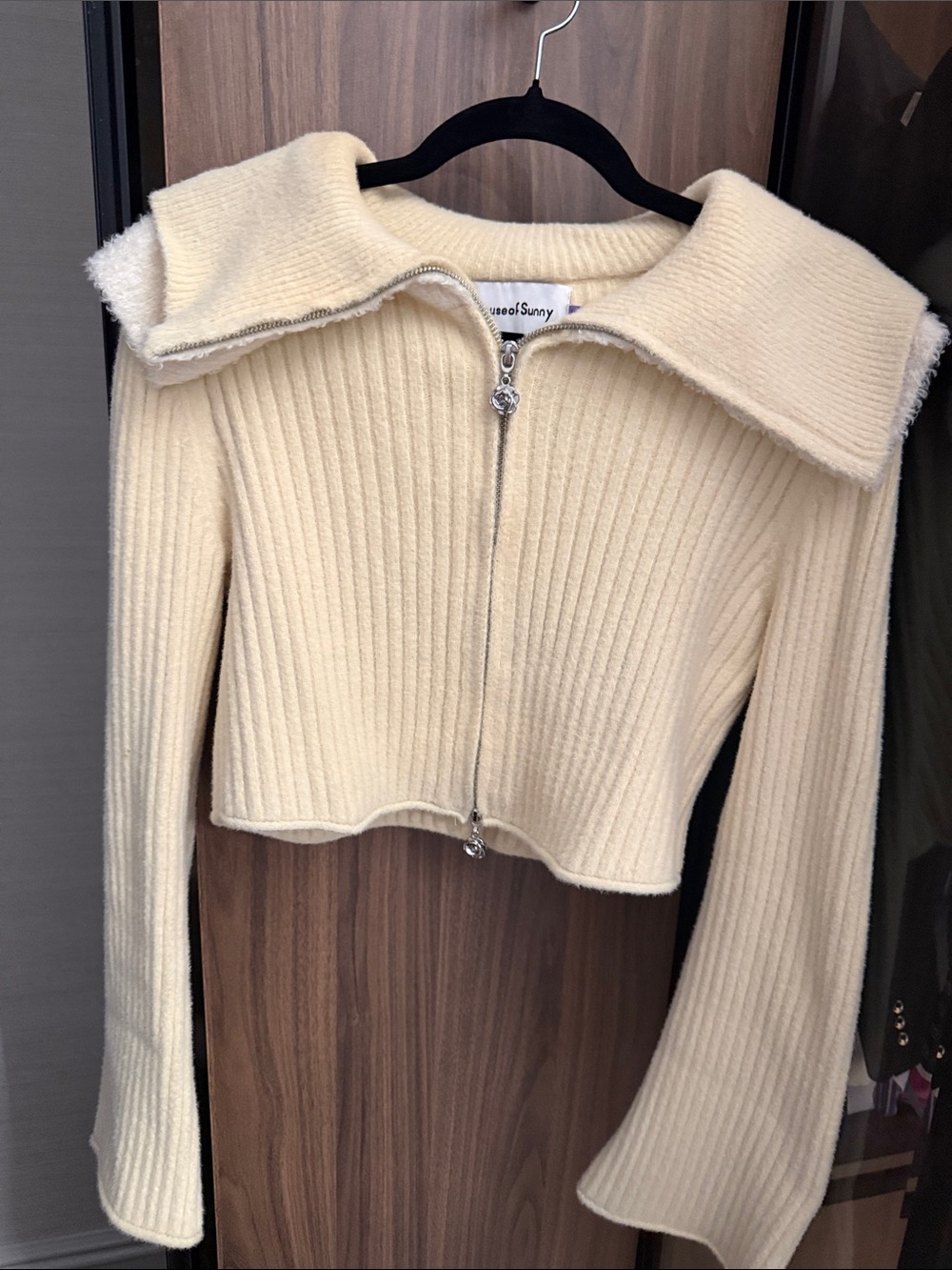House of Sunny Cream Ribbed Zip-Up Off-Shoulder Sweater